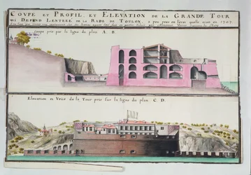 Ms 508131 K fol.107 Corte transversal e elevação da torre do porto de Toulon, de &39;Traite de Fortifications&39; (caneta e tinta sobre papel)